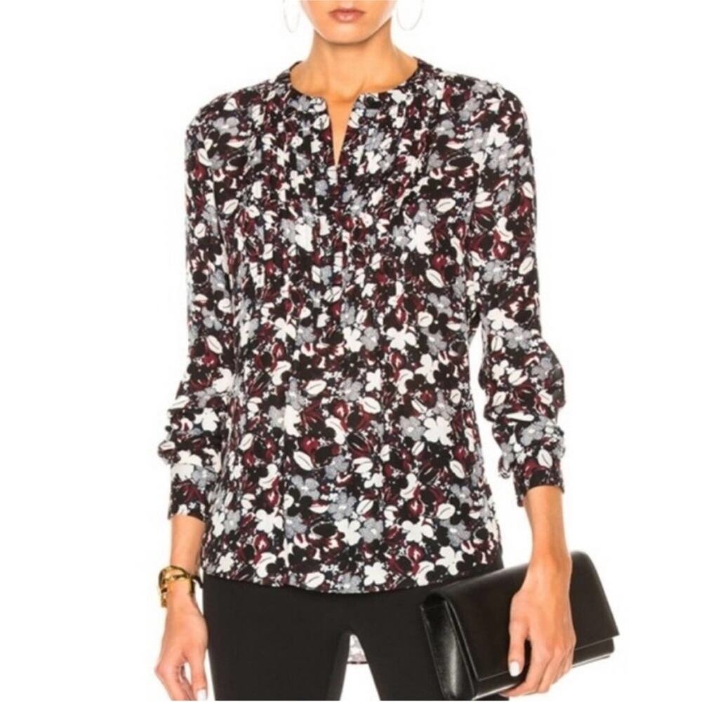 Veronica Beard Goldie Pintuck Tux Floral Silk Blouse In Multicolor Sz 4 Classic